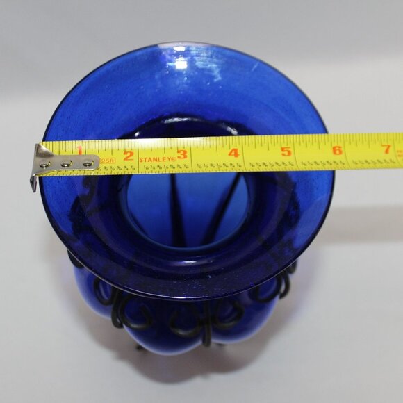 Vintage Cobalt Blue Hand Blown Caged Glass Vase - Picture 9 of 12